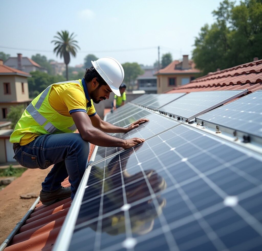 3kw solar panel price in india with subsidy installation a man in a yellow vest and white hard hat working on solar panels