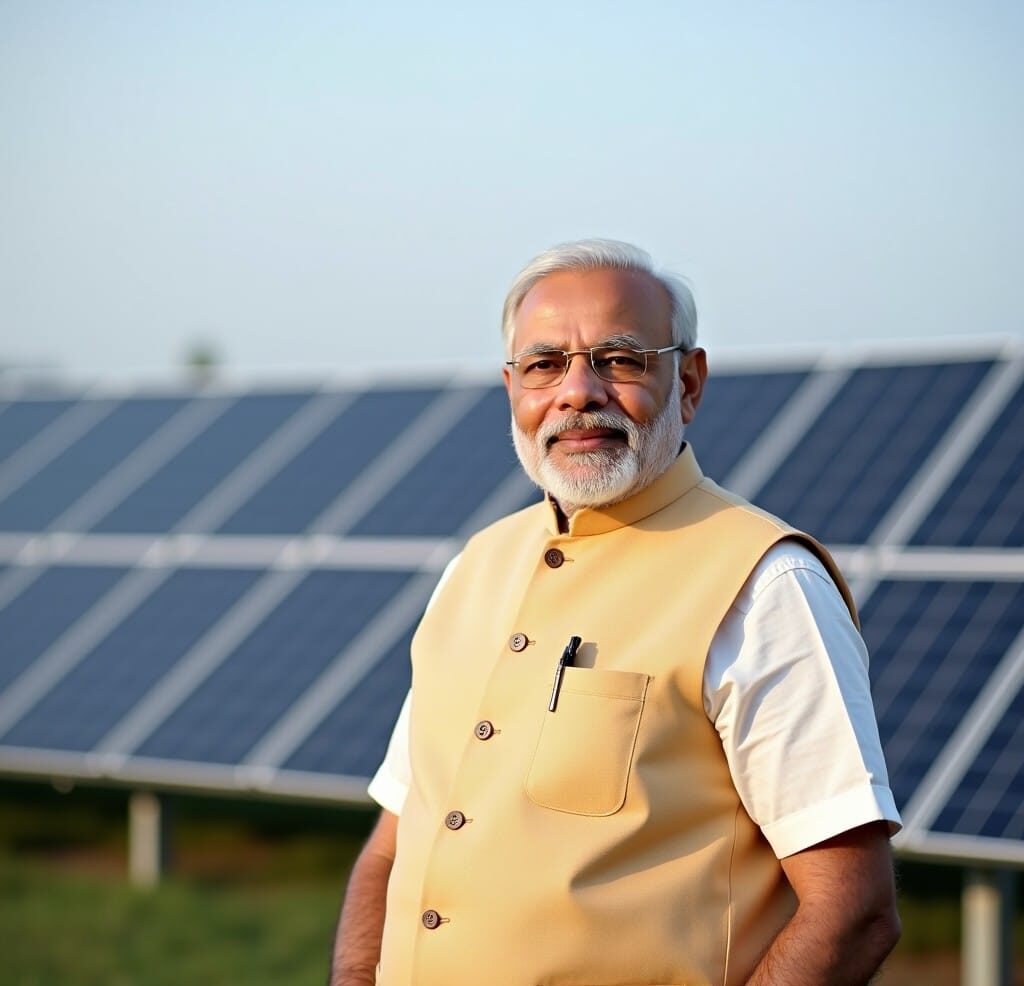 PM Surya Ghar Banner- solar roof subsidy kerala - PM standing in front of solar panels